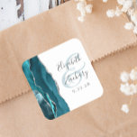 Agate Geode Script Teal Blue Silver Wedding Fyrkantigt Klistermärke<br><div class="desc">This elegant modern wedding sticker features a teal blue watercolor agate geode design trimmed with faux silver glitter. Easily customize the charcoal gray text on a white background,  with the names of the bride and groom in handwriting calligraphy over a large teal ampersand.</div>