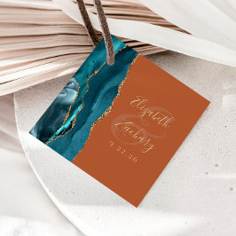 Agate Geode Script Teal Guld Bränd Orange Bröllop Gåvor Etiketter