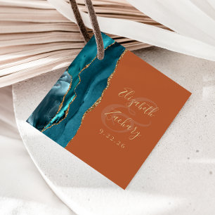 Agate Geode Script Teal Guld Bränd Orange Bröllop Gåvor Etiketter