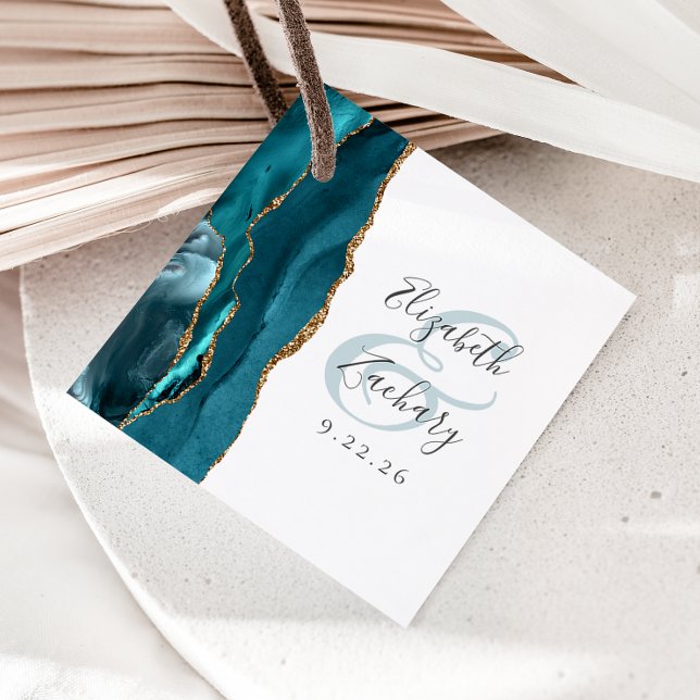 Agate Geode Script Teal Guld Bröllop Gåvor Etiketter (Skapare uppladdad)