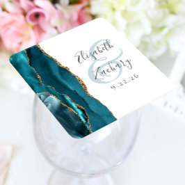 Agate Geode Script Teal Guld Bröllop Underlägg Papper Kvadrat