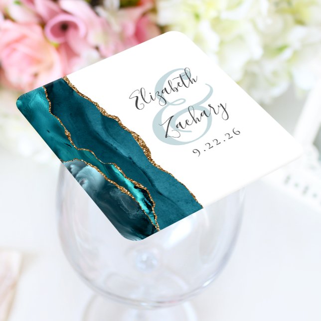Agate Geode Script Teal Guld Bröllop Underlägg Papper Kvadrat (Skapare uppladdad)