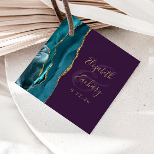 Agate Geode Script Teal Guld Lila Bröllop Gåvor Etiketter