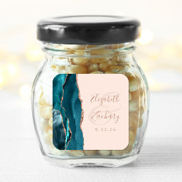 Agate Geode Script Teal Rose Guld Blush Bröllop Fyrkantigt Klistermärke