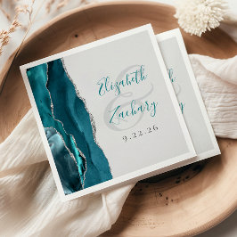 Agate Geode Script Tealblå Silvergrå Bröllop Pappersservett
