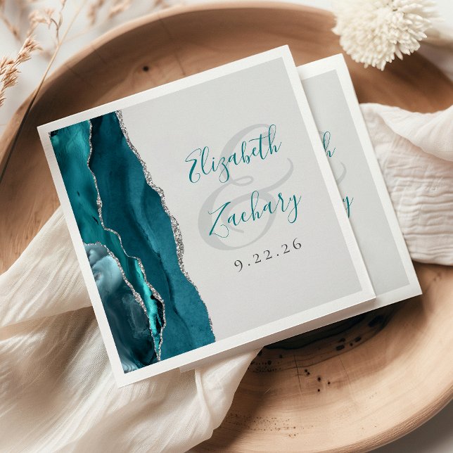 Agate Geode Script Tealblå Silvergrå Bröllop Pappersservett (Skapare uppladdad)