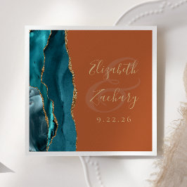 Agate Geode Script Turkos Guld Bränd Orange Bröllo Pappersservett