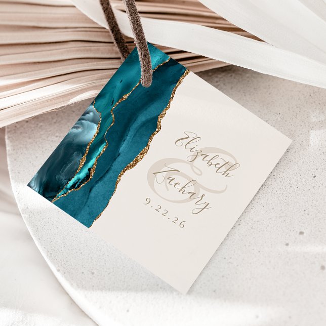 Agate Geode Script Turkos Guld Elfenben Bröllop Gåvor Etiketter (Skapare uppladdad)