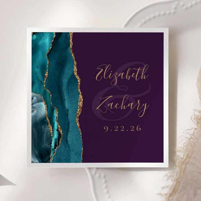 Agate Geode Script Turkos Guld Lila Bröllop Pappersservett (Skapare uppladdad)