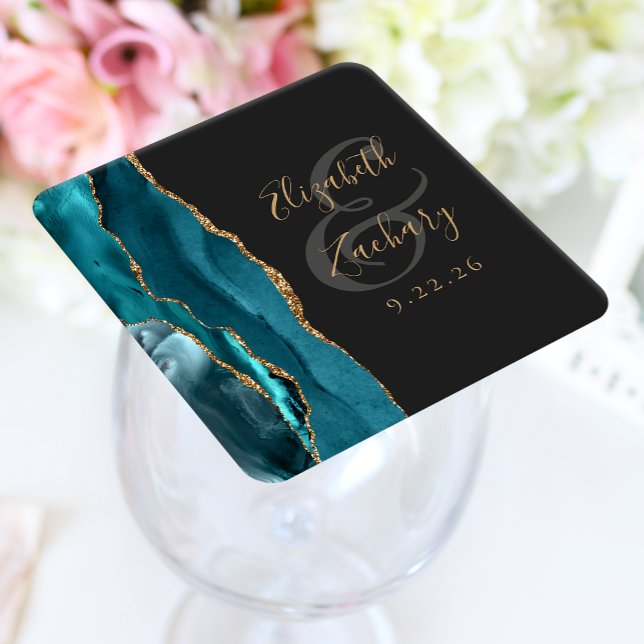 Agate Geode Script Turkos Guld Mörkt Bröllop Underlägg Papper Kvadrat (Skapare uppladdad)