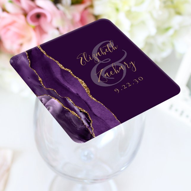 Agate Geode-skrift Lila Guld Plommon Bröllop Underlägg Papper Kvadrat (Skapare uppladdad)