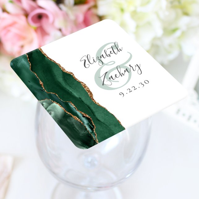 Agate Geode-skrift Smaragdgrön Guld Bröllop Underlägg Papper Kvadrat (Skapare uppladdad)
