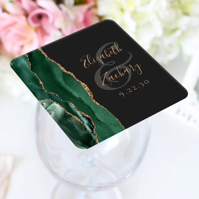Agate Geode-skrift Smaragdgrön Guld Mörk Bröllop Underlägg Papper Kvadrat (Skapare uppladdad)
