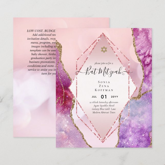 AGATE GLITTER BAT MITZVAH Inbjudningar BUDGET (Fram/baksida)