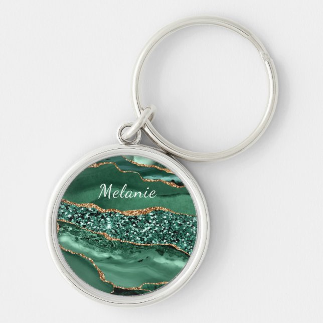 Agate Grönt Guld Emerald Custom Name Keychain Rund Silverfärgad Nyckelring (Framsidan)