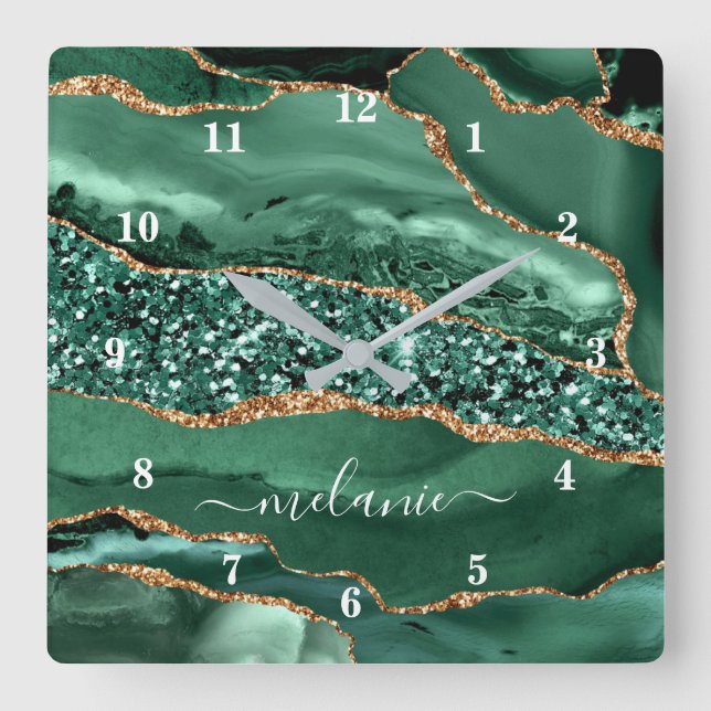 Agate Grönt Guld Geode Marble-namn Fyrkantig Klocka (Framsida)