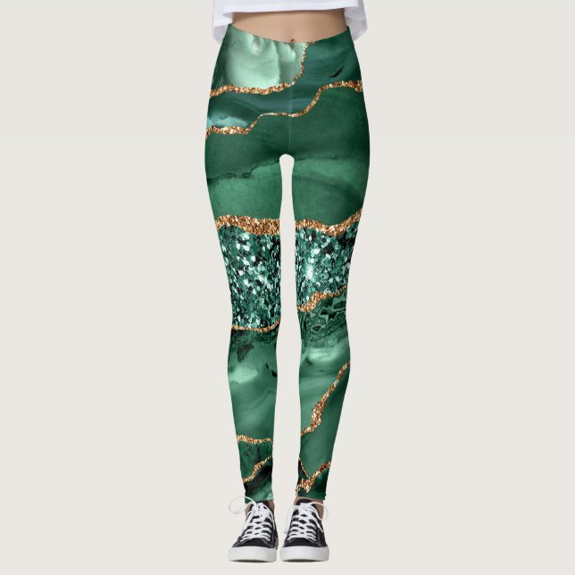 Agate Grönt Guld Glitter Emerald Leggings (Framsida)