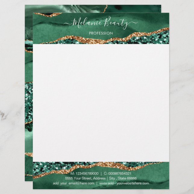 Agate Grönt Guld Glitter Emerald Modern Letterhead Brevhuvud (Fram/baksida)