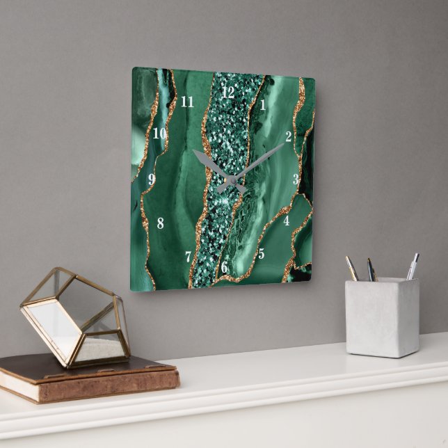 Agate Grönt Guld Glitter Emerald Wall Clock Fyrkantig Klocka (Kontor)