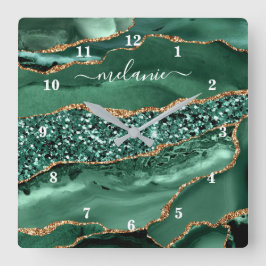 Agate Grönt Guld Glitter Geode Marble Namn Clock Fyrkantig Klocka