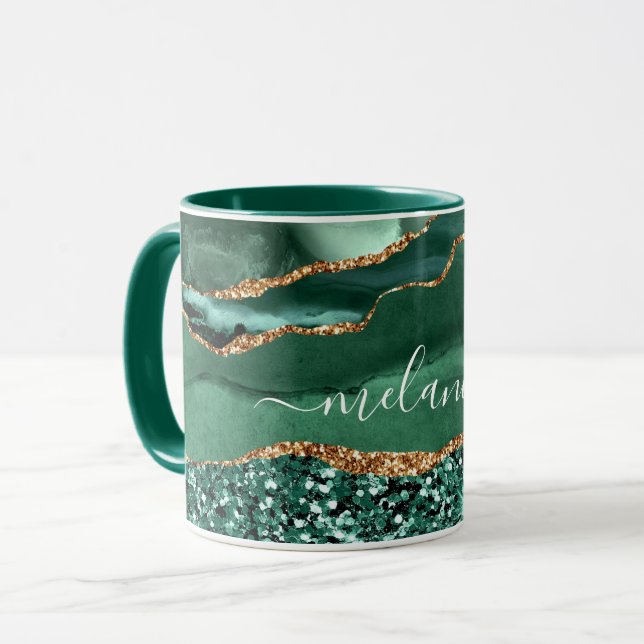 Agate Grönt Guld Glitter Marble Mugg ger ditt namn (Framsida vänster)