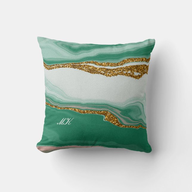 Agate Grönt och Guld Marble Swirl Kudde (Framsida)