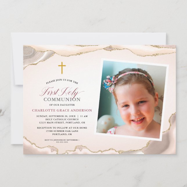 Agate Guld Glitter Photo Girl First Communion Inbjudningar (Framsida)