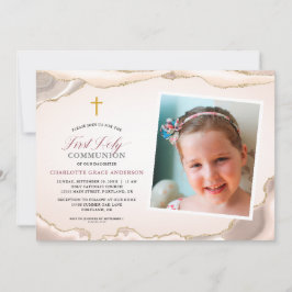 Agate Guld Glitter Photo Girl First Communion Inbjudningar