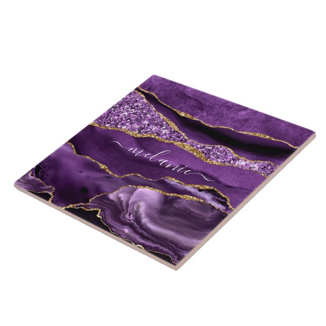 Agate Lila Guld Glitter Anpassad namnkeramisk plat Kakelplatta (Sidan)