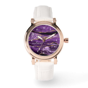 Agate Lila Guld Glitter Marble Custom Name Watch Armbandsur