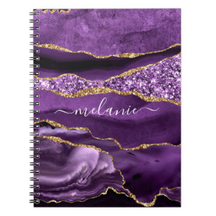 Agate Lila Violet Guld Glitter Geode Eget namn Anteckningsbok