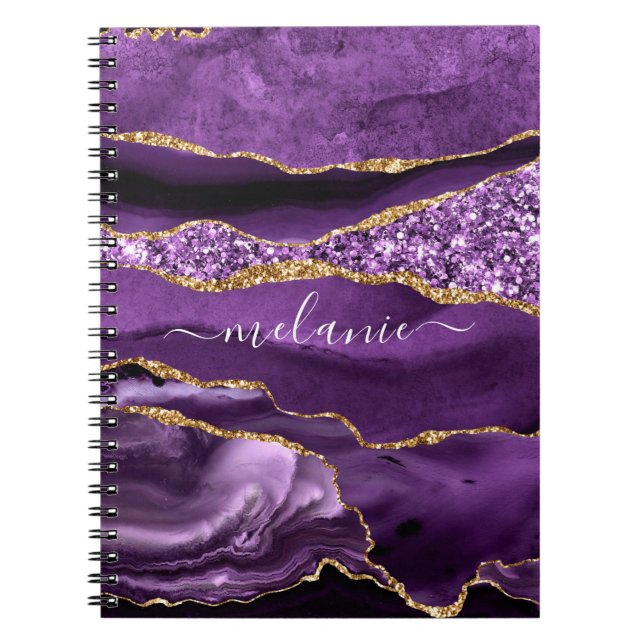Agate Lila Violet Guld Glitter Geode Eget namn Anteckningsbok (Framsidan)