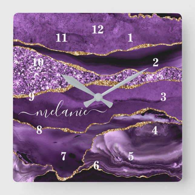 Agate Lila Violet Guld Glitter Geode Eget namn Fyrkantig Klocka (Framsida)