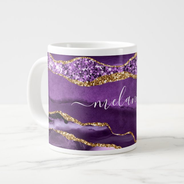 Agate Lila Violet Guld Glitter Geode Eget namn Jumbo Mugg (Framsida vänster)