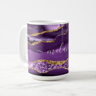 Agate Lila Violet Guld Glitter Geode Eget namn Kaffemugg
