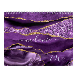 Agate Lila Violet Guld Glitter Geode Eget namn Kalender