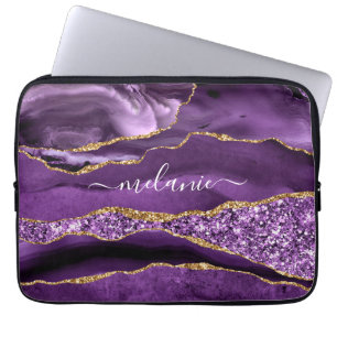 Agate Lila Violet Guld Glitter Geode Eget namn Laptop Fodral