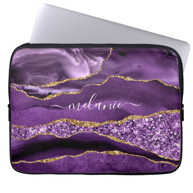 Agate Lila Violet Guld Glitter Geode Eget namn Laptop Fodral (Framsidan)
