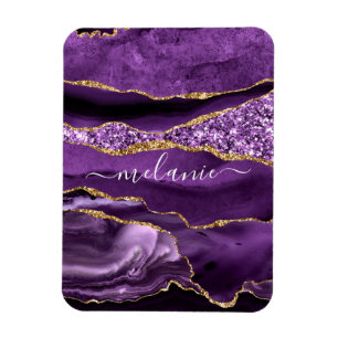Agate Lila Violet Guld Glitter Geode Eget namn Magnet