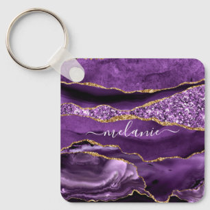 Agate Lila Violet Guld Glitter Geode Eget namn Nyckelring