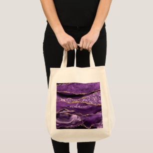 Agate Lila Violet Guld Glitter Geode Eget namn Tygkasse