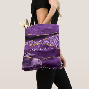Agate Lila Violet Guld Glitter Geode Eget namn Tygkasse