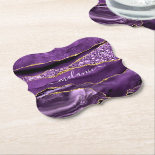 Agate Lila Violet Guld Glitter Geode Eget namn Underlägg Papper