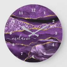 Agate Lila Violet Guld Glitter Geode Namn Clock
