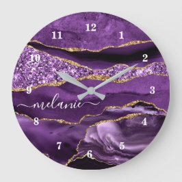 Agate Lila Violet Guld Glitter Geode Namn Clock Stor Klocka