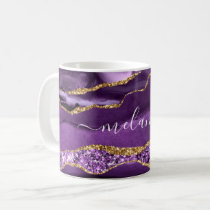 Agate Lila Violet Guld Glitter Geode Namn Mugg