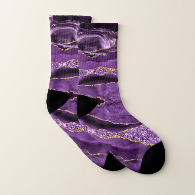Agate Lila Violet Guld Glitter Geode Socks Strumpor (Par)