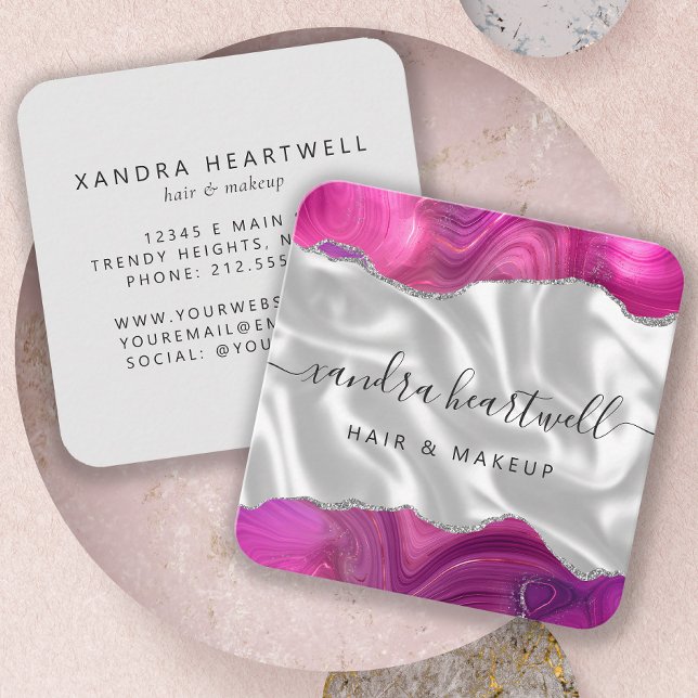 Agate Magenta Silver Glitter Silke Rundade Hörn Fyrkantigt Visitkort (Skapare uppladdad)