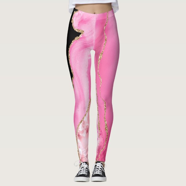 Agate Marble Glitter Rosa Black Guld Leggings (Framsida)