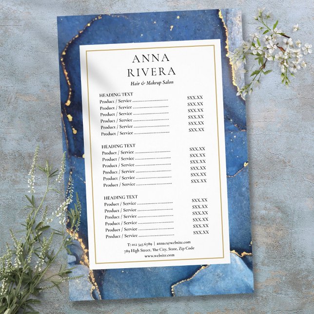 Agate Marble Navy Guld Glitter Salon Service Menu Flygblad (Agate Marble Navy Gold Glitter Salon Service Menu Flyer)